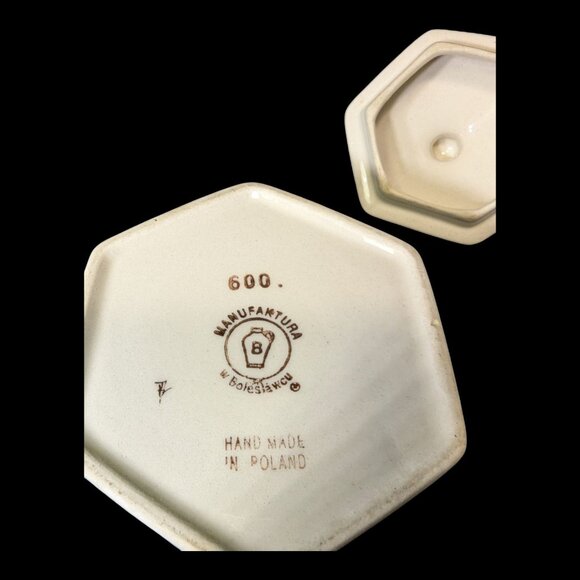 Polish Pottery Trinket Box Boleslawiec Hexagon Mosquito Pattern Signed with Lid - Picture 7 of 7